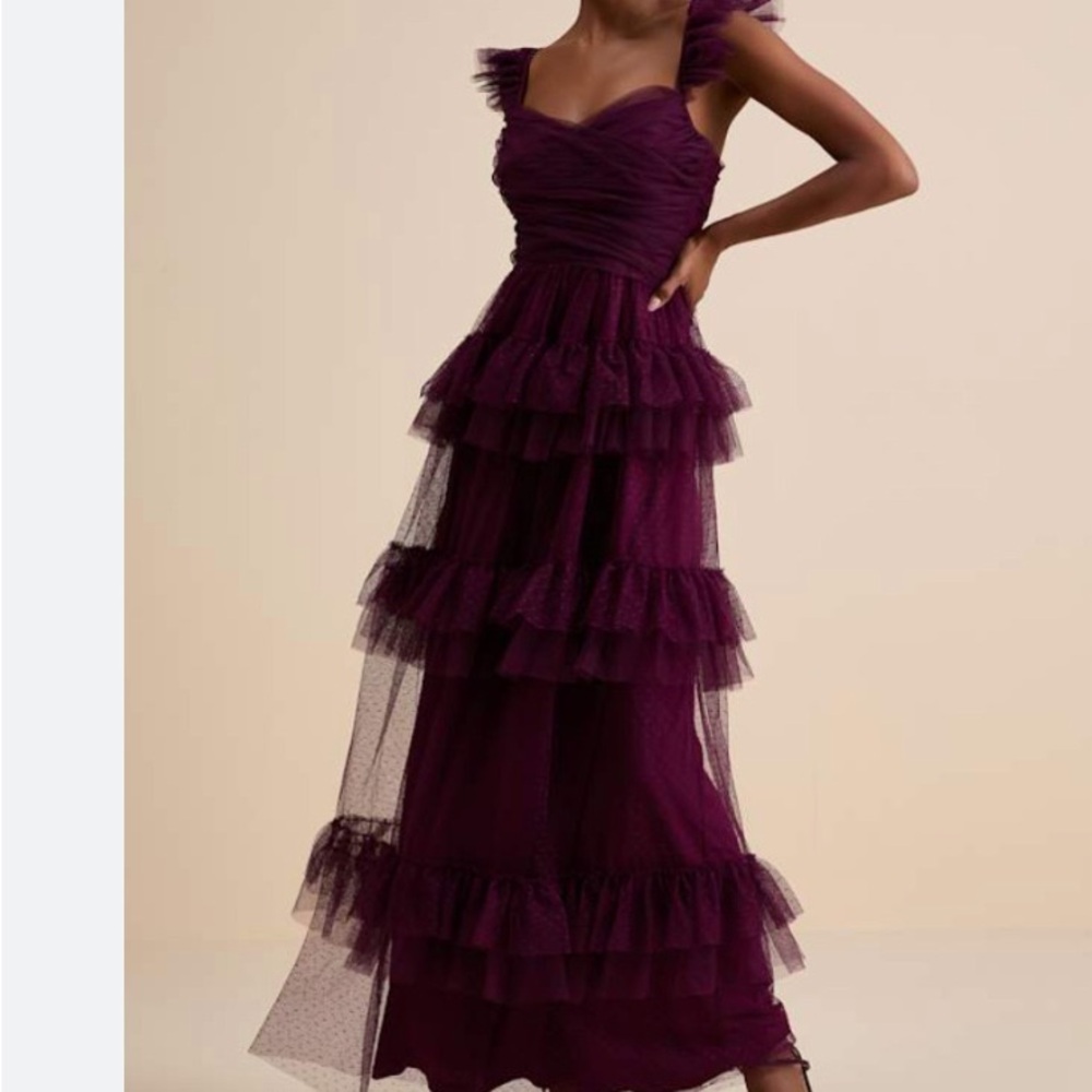 Lulus Pure Radiance Plum Purple Mesh Swiss Dot Tiered Maxi Dress Size L